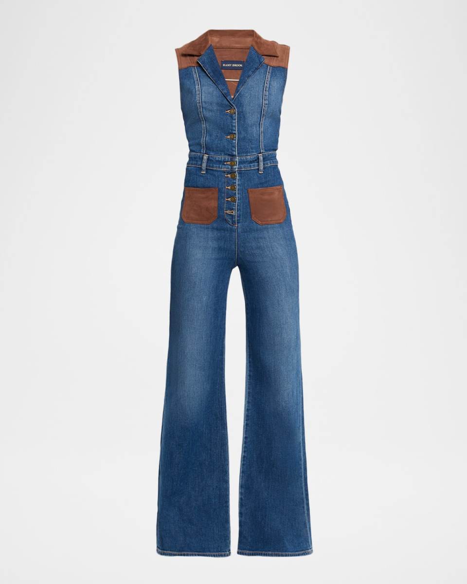 Claudette Faux Suede Trim Denim Jumpsuit